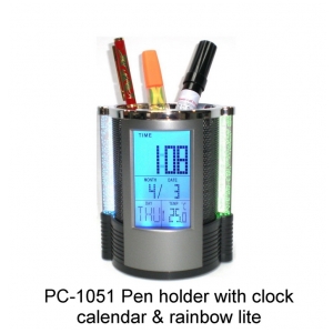 PC-1051 Pen holder with clock calendar & rainbow lite